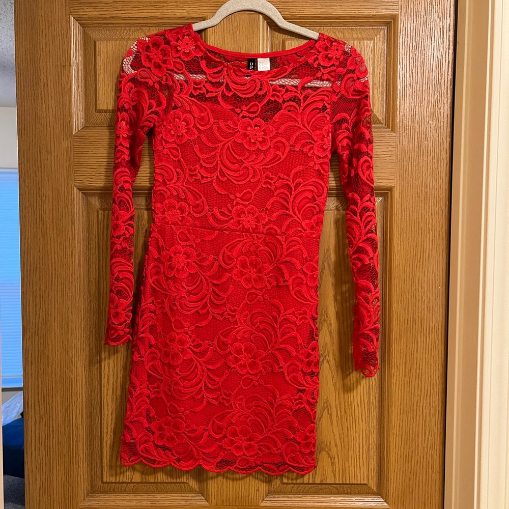 Red Lace Long Sleeve Mini Dress